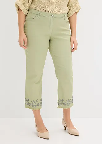 Pantaloni din twill cu broderie, culoare: verde pal
