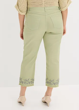 Pantaloni din twill cu broderie, culoare: verde pal