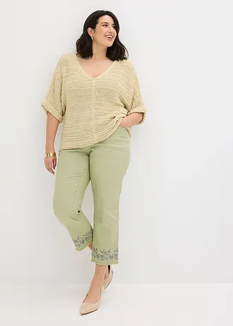 Pantaloni din twill cu broderie, culoare: verde pal