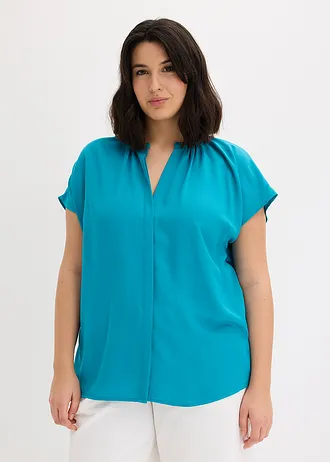 Blouse met korte mouwen en blinde knoopsluiting, Kleur: blauwgroen