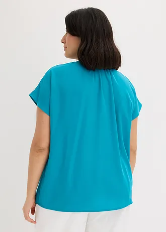 Blouse met korte mouwen en blinde knoopsluiting, Kleur: blauwgroen