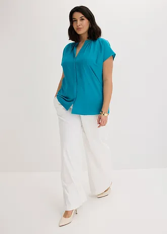 Blouse met korte mouwen en blinde knoopsluiting, Kleur: blauwgroen