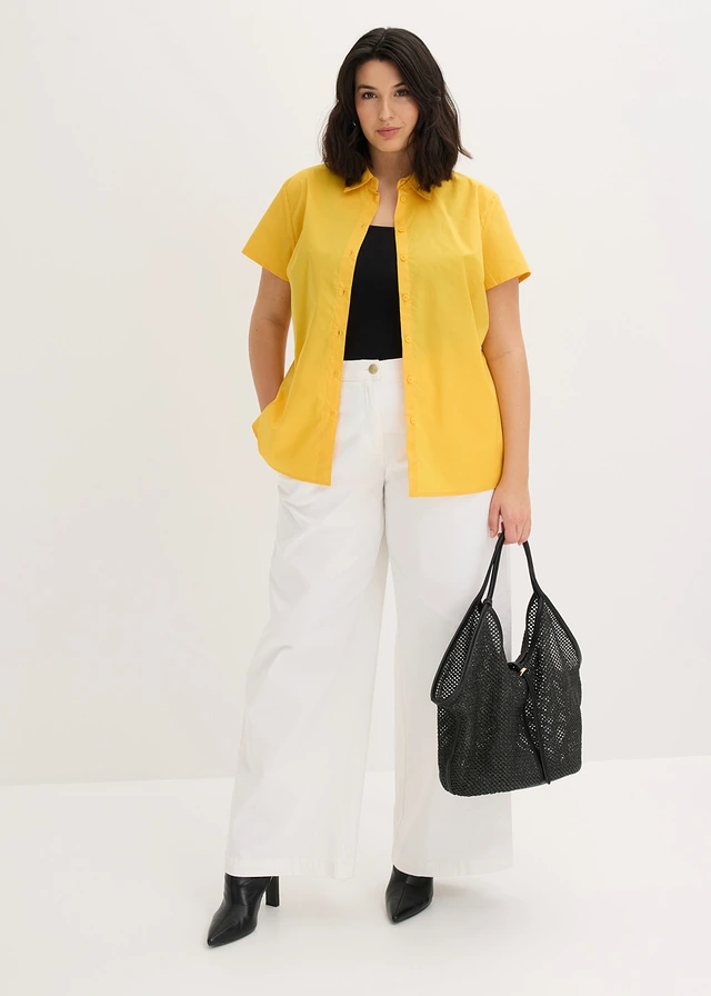 Popeline blouse met korte mouwen, Kleur: saffraangeel