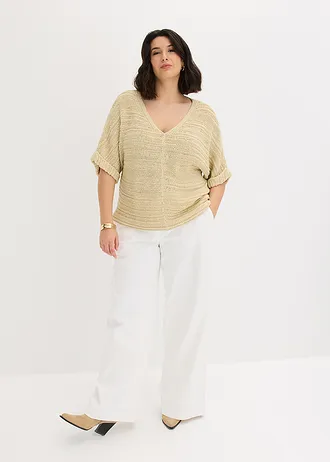 Gruby sweter z przędzy wstążkowej, kolor: jasny piaskowy