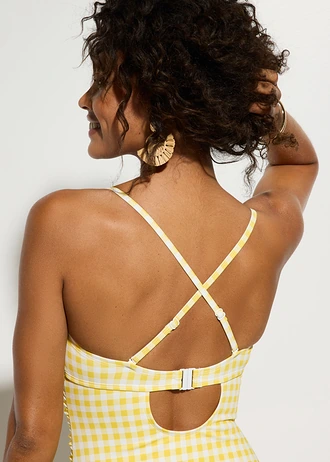 Costum baie bandeaux cu fundiță • galben-alb cadrilat • magazin bonprix