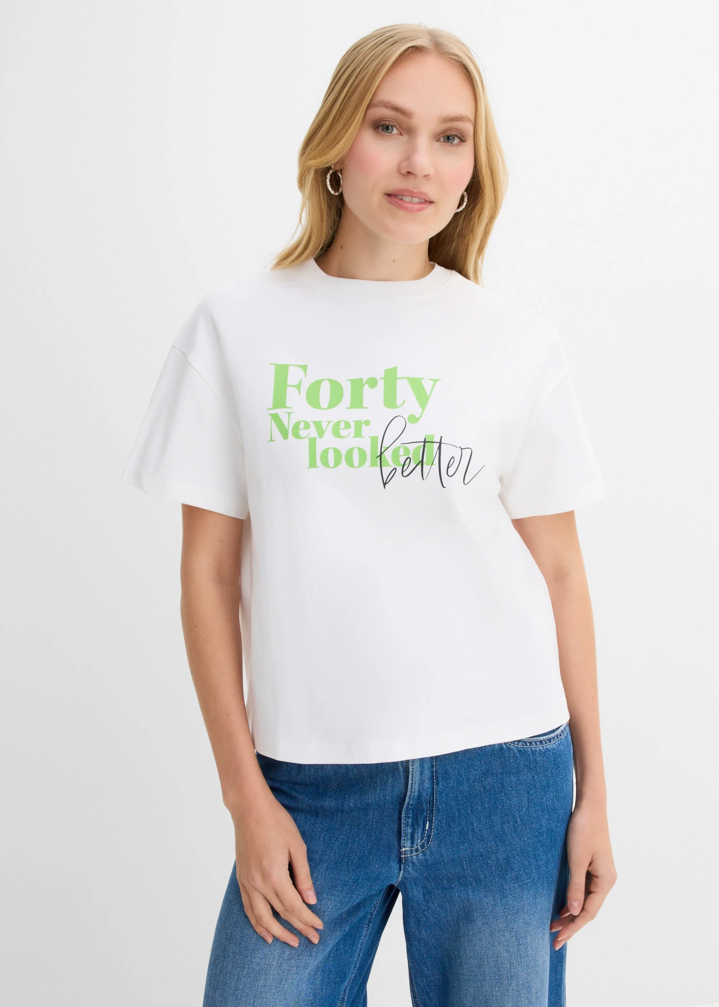 T-shirt large 100% coton • blanc-vert vif imprimé • Boutique bonprix
