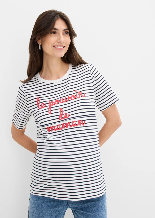 T-shirt de grossesse et d’allaitement en coton, Couleur: blanc/bleu foncé rayé