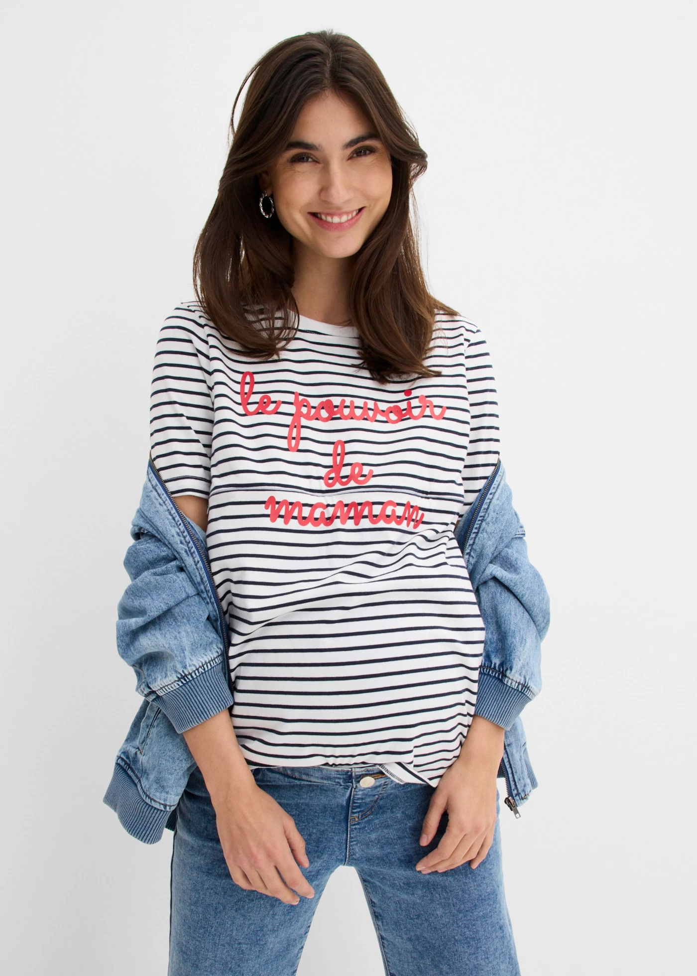 2-in-1 zwangerschaps- en borstvoedingsshirt van biologisch katoen • wit-donkerblauw gestreept • bonprix online shop