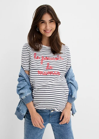 T-shirt 2w1 na okres ciąży i do karmienia z bawełny organicznej • biało-granatowy w paski • sklep bonprix