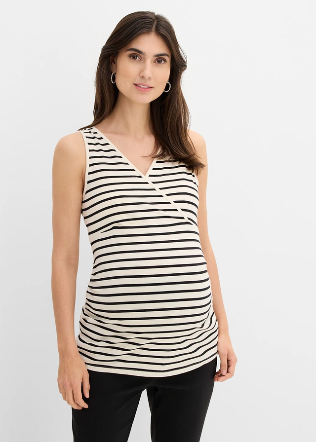 Lot de 2 tops de grossesse et d’allaitement, Couleur: noir-écru rayé