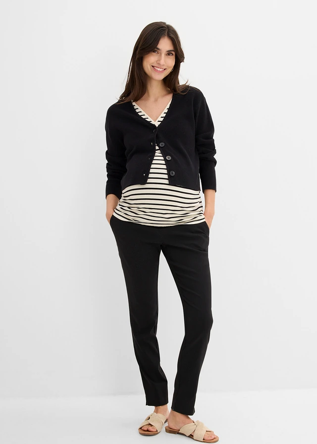 Lot de 2 tops de grossesse et d’allaitement, Couleur: noir-écru rayé