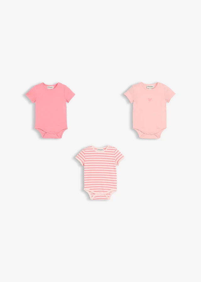 Body van biologisch katoen met korte mouwen (set van 3), Kleur: knalroze-lichtroze-zoet roze met print