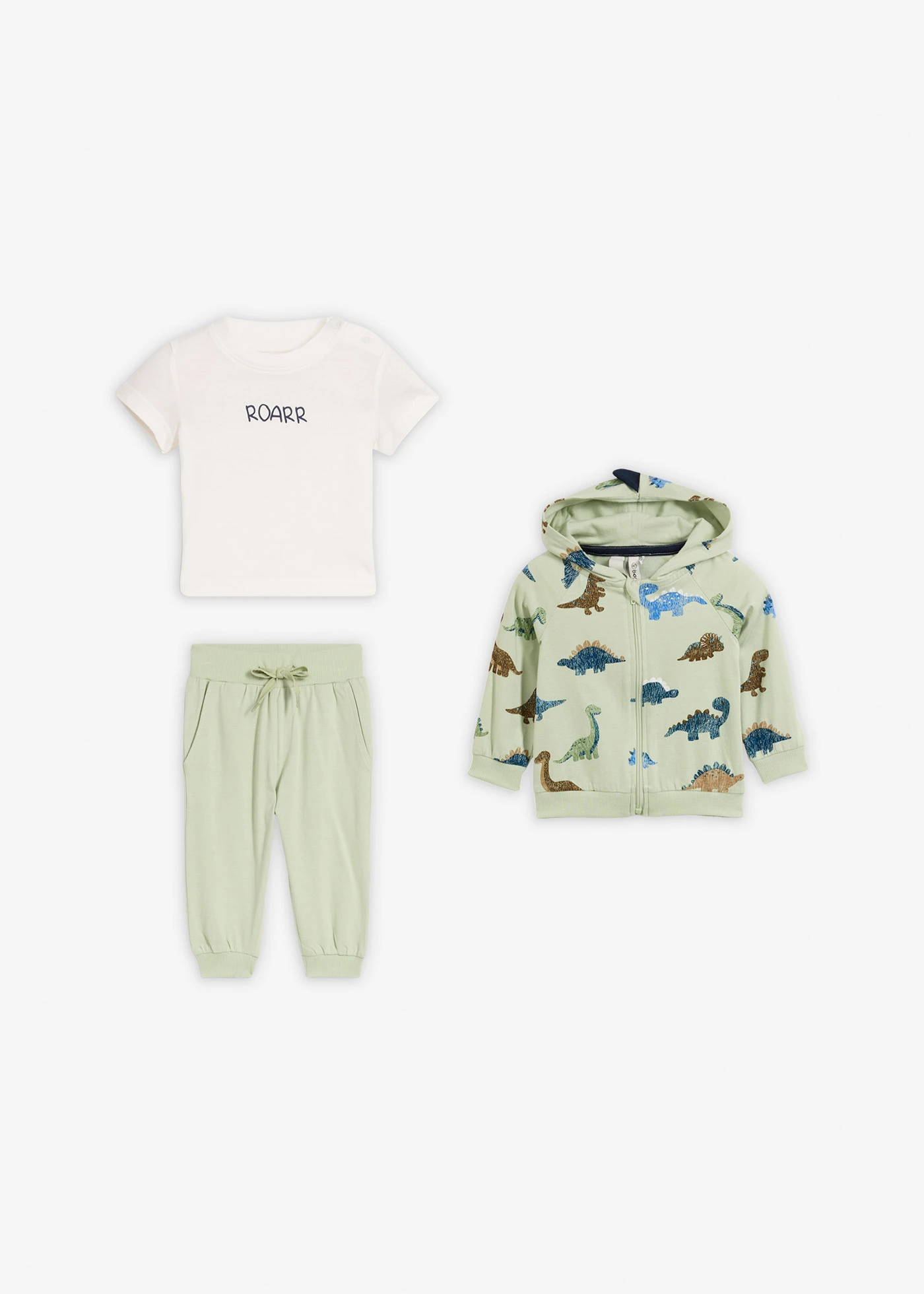 Sweat zippé, T-shirt et pantalon (ens. 3 pces) • vert tendre-beige roseau-vert pin-écru-bleu glacier-pétrole foncé-olive imprimé • Boutique bonprix