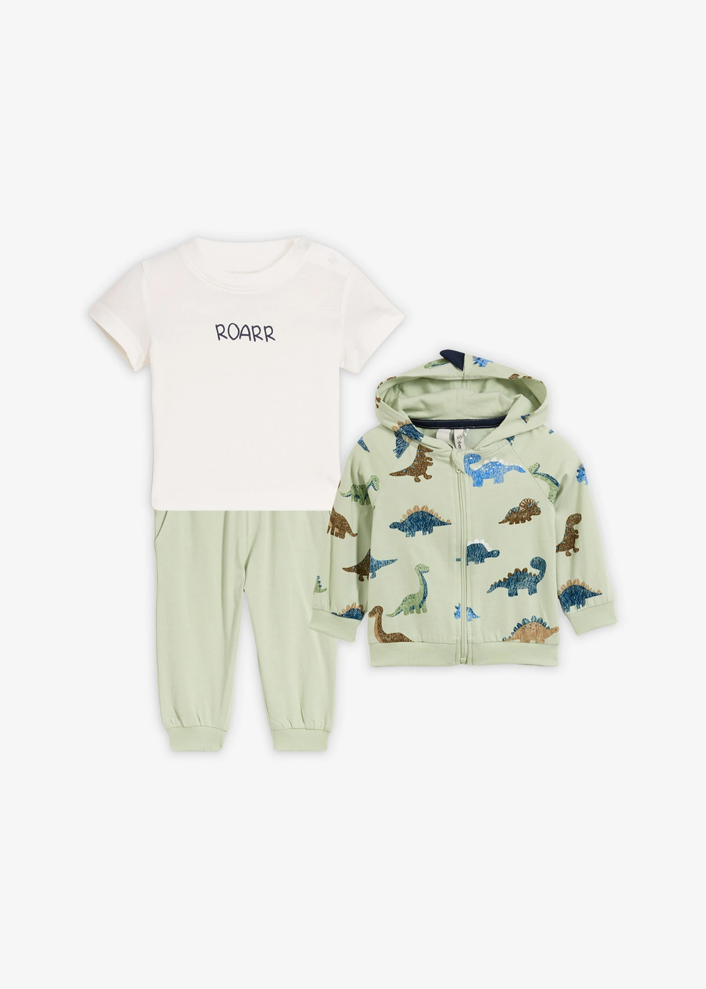 Sweat zippé, T-shirt et pantalon (ens. 3 pces) • vert tendre-beige roseau-vert pin-écru-bleu glacier-pétrole foncé-olive imprimé • Boutique bonprix