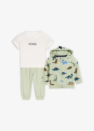 Sweat zippé, T-shirt et pantalon (ens. 3 pces) • vert tendre-beige roseau-vert pin-écru-bleu glacier-pétrole foncé-olive imprimé • Boutique bonprix
