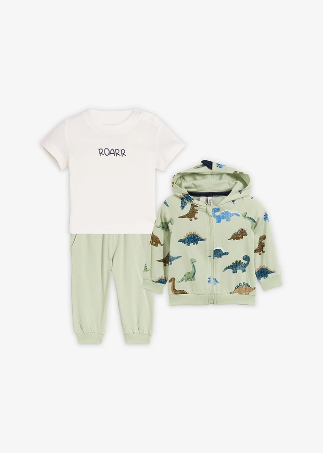 Shirtvest, T-shirt en joggingbroek van biologisch katoen (3-dlg. set), Kleur: soft groen-rietbeige-pijnboomgroen-wolwit-gletsjerblauw-donkerpetrol-aardolijfgroen met print