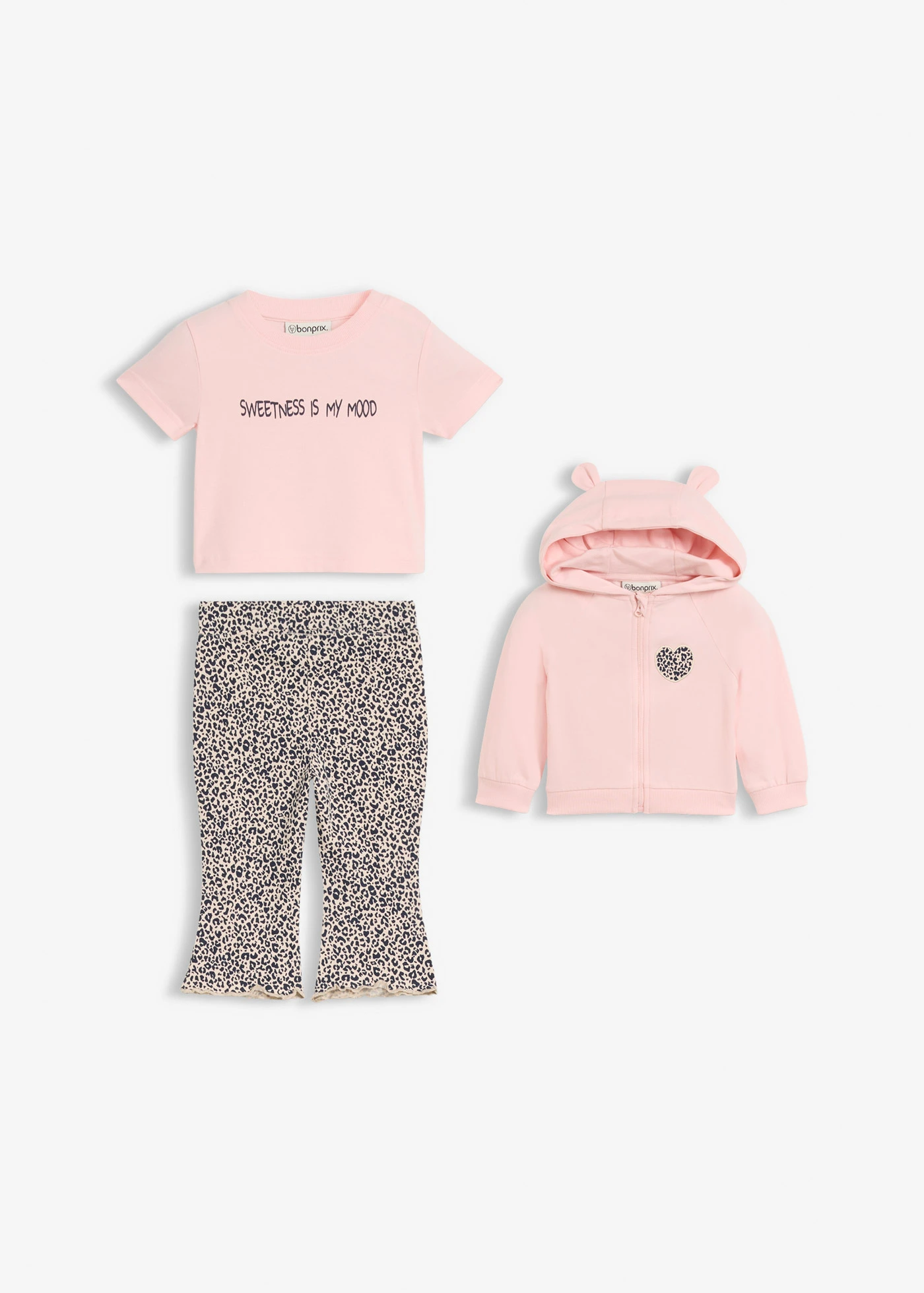 Jachetă subțire, tricou și colanți din bumbac organic 100% (set/3 piese) • bej nisipiu-roz pal-bleumarin cu imprimeu leo • magazin bonprix