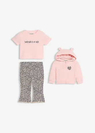 Bluză casual, tricou și colanți din bumbac organic 100% (set/3 piese) • bej nisipiu-roz pal-bleumarin cu imprimeu leo • magazin bonprix