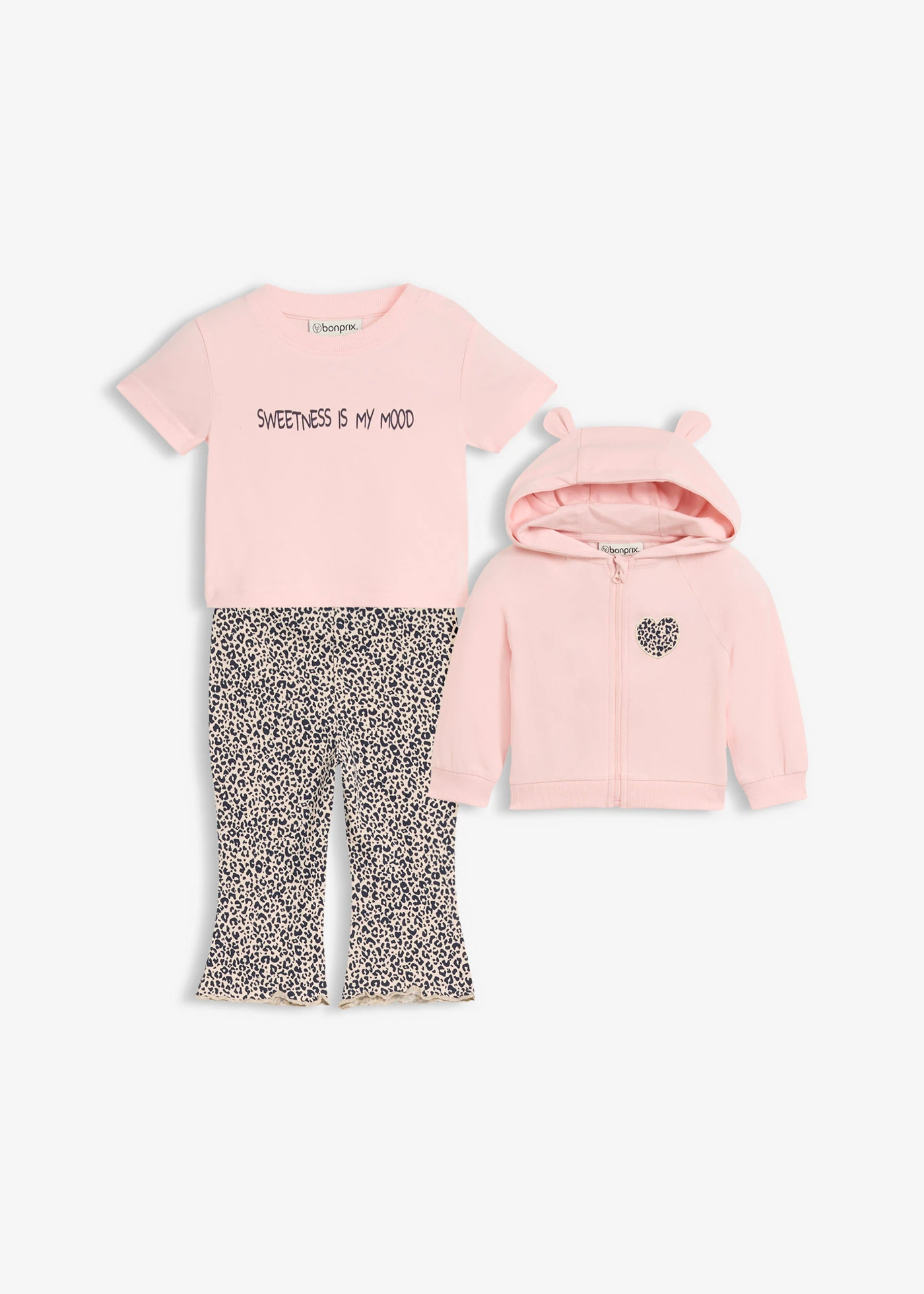 Lekka bluza, T-shirt i legginsy z czystej bawełny organicznej (komplet 3-cz.) • beżowy piaskowy-kremowy jasnoróżowy-granatowy w panterkę • sklep bonprix