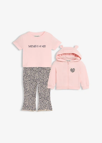 Lekka bluza, T-shirt i legginsy z czystej bawełny organicznej (komplet 3-cz.) • beżowy piaskowy-kremowy jasnoróżowy-granatowy w panterkę • sklep bonprix