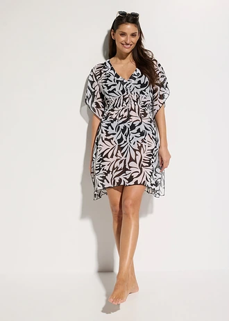 Plážová tunika z lehkého šifonu, barva: černo-bílá s květy