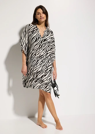 Strandtuniek van gestructureerde crinkle, Kleur: zwart-beige met zebraprint