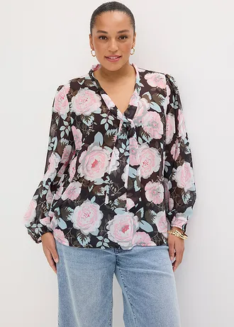 Blouse met strik, Kleur: zwart gebloemd