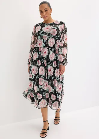 Midi šaty z měkké síťoviny, barva: černá s květy