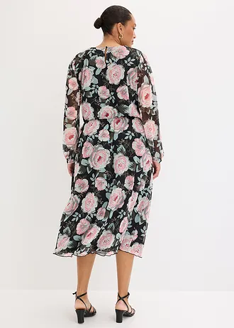 Midi šaty z měkké síťoviny, barva: černá s květy