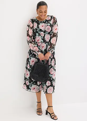 Midi šaty z měkké síťoviny, barva: černá s květy