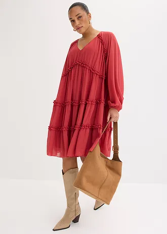 Tuniekjurk van gestructureerde chiffon, Kleur: kersenrood