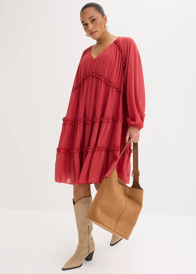 Tuniekjurk van gestructureerde chiffon, Kleur: kersenrood