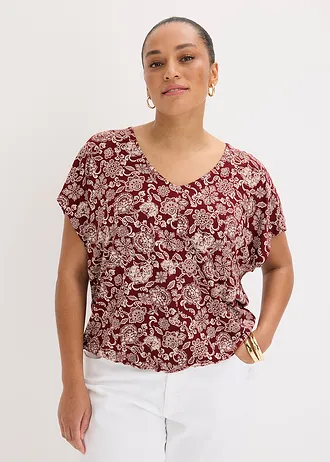 Shirt van een fijne viscosemix, Kleur: robijnrood-lichtroze met print