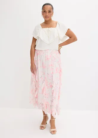 Maxi rok van licht chiffon, Kleur: wolwit gebloemd