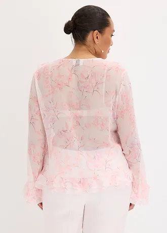 Chiffon blouse met volants, Kleur: wolwit gebloemd