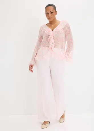 Chiffon blouse met volants, Kleur: wolwit gebloemd