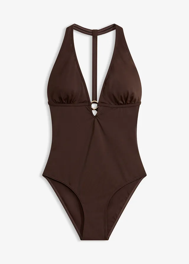 Badpak met een diepe V-hals • donkerbruin • bonprix online shop