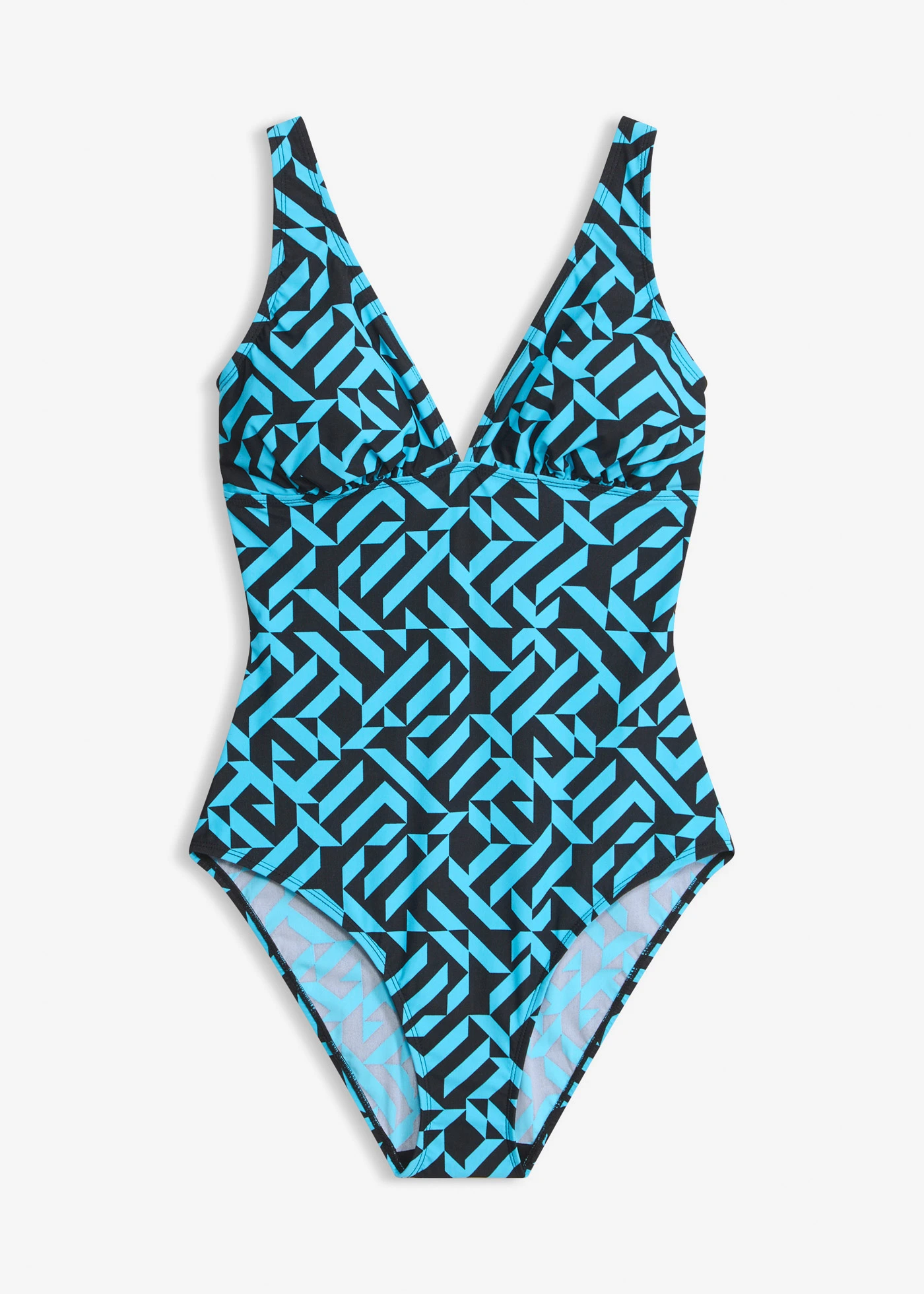 Maillot 1 pièce sculptant à col en V, maintien léger • noir/turquoise graphique • Boutique bonprix