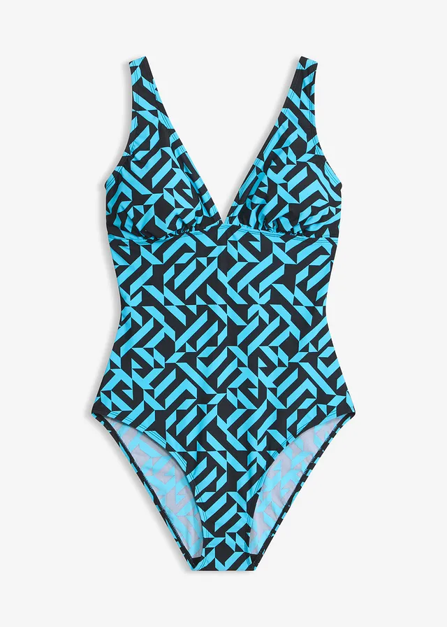 Maillot 1 pièce sculptant à col en V, maintien léger • noir/turquoise graphique • Boutique bonprix