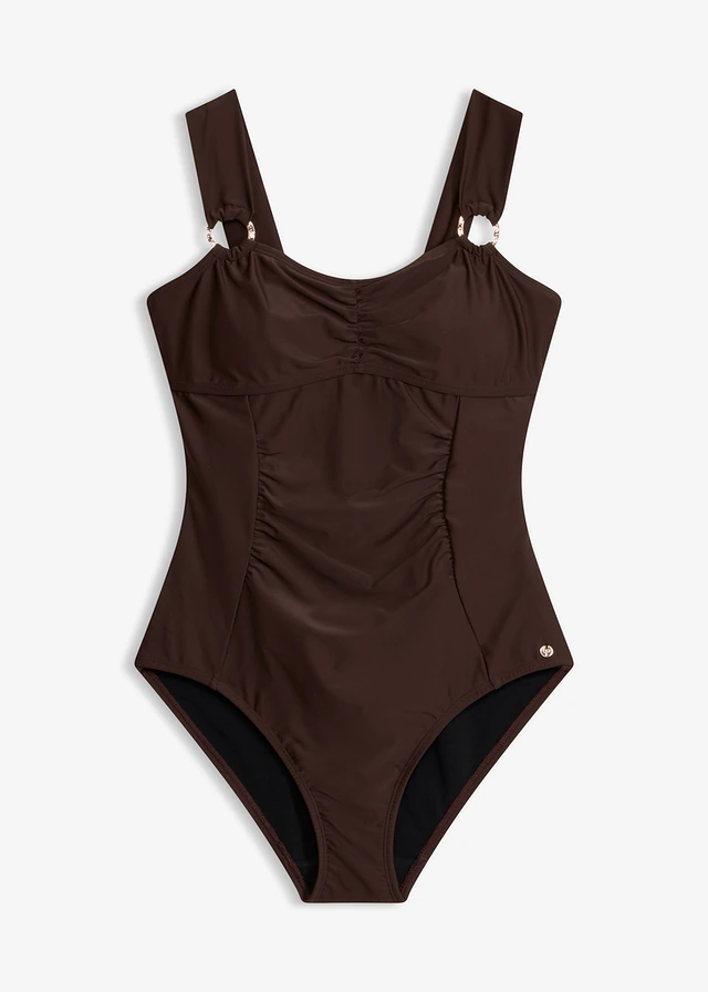Maillot 1 pièce sculptant à détails dorés, maintien léger • marron foncé • Boutique bonprix