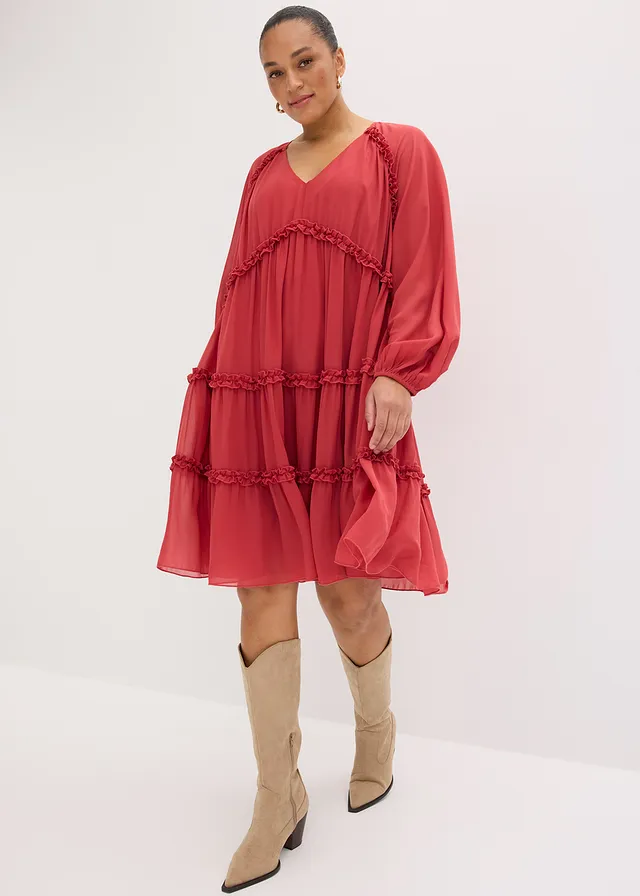 Tuniekjurk van gestructureerde chiffon, Kleur: kersenrood