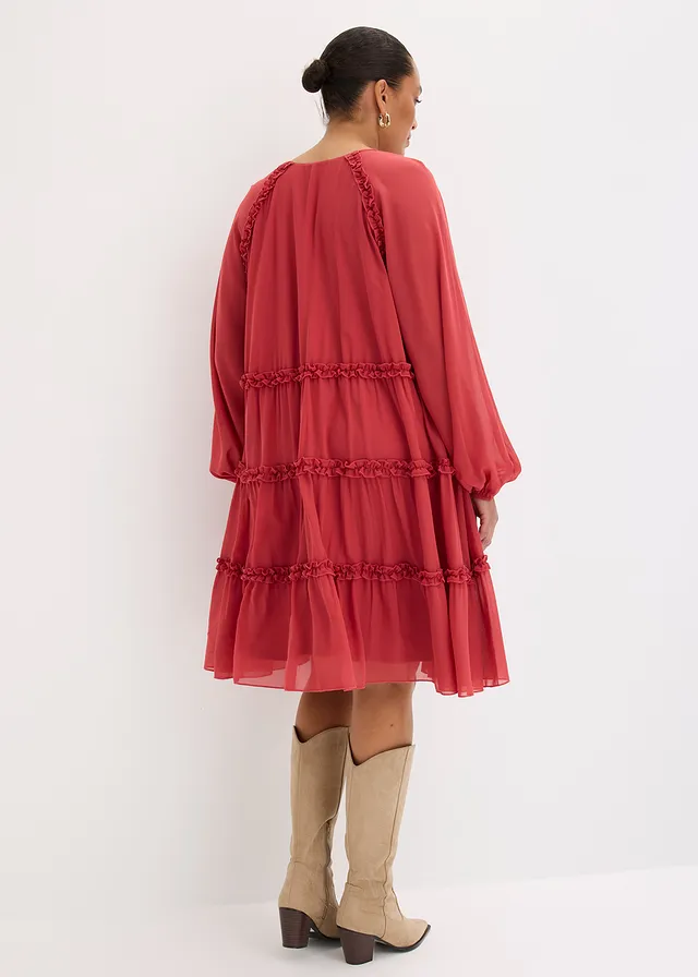 Tuniekjurk van gestructureerde chiffon, Kleur: kersenrood