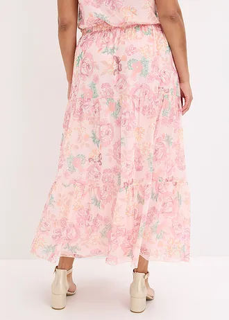 Maxi sukně z měkké síťoviny, barva: světle růžová s květy