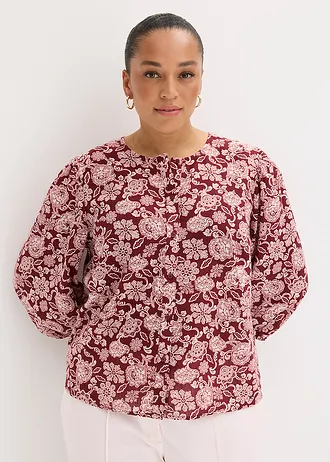 Halenka s nabíranými rukávy, barva: rubínově červeno-světle růžová s potiskem