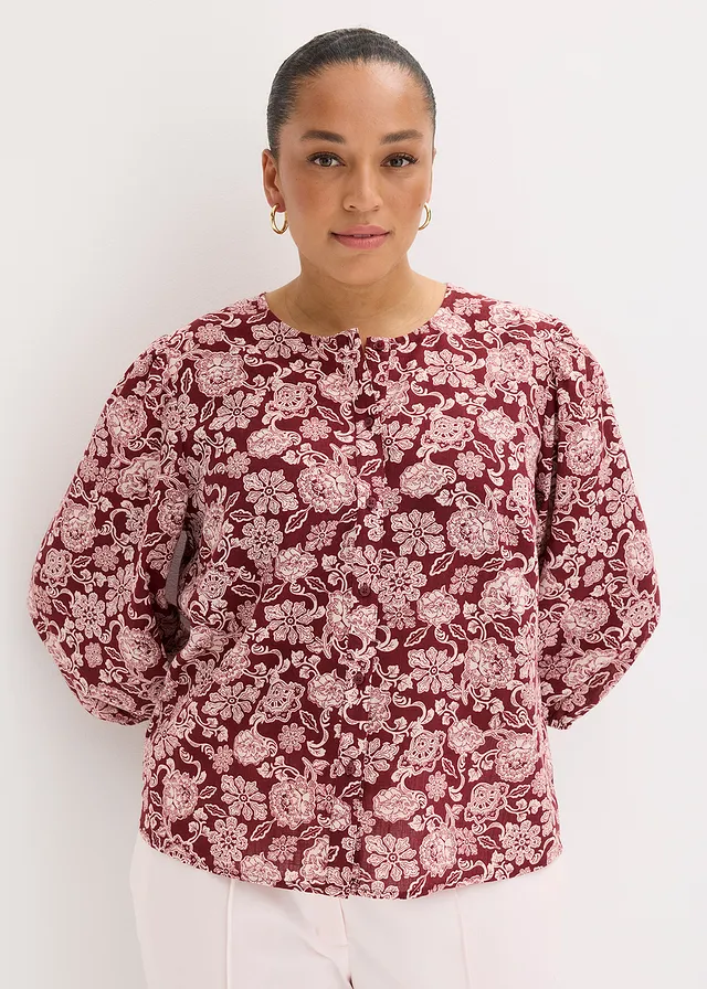 Blouse met pofmouwen, Kleur: robijnrood-lichtroze met print