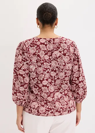 Blouse met pofmouwen, Kleur: robijnrood-lichtroze met print