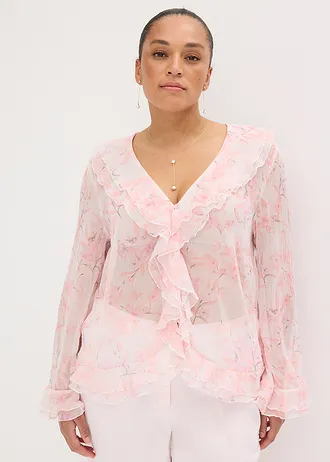 Chiffon blouse met volants, Kleur: wolwit gebloemd