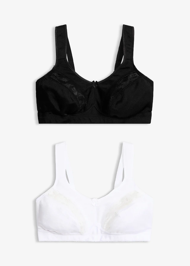 Lot de 2 soutiens-gorge grand maintien sans armatures, bretelles rembourrées, Couleur: noir + blanc