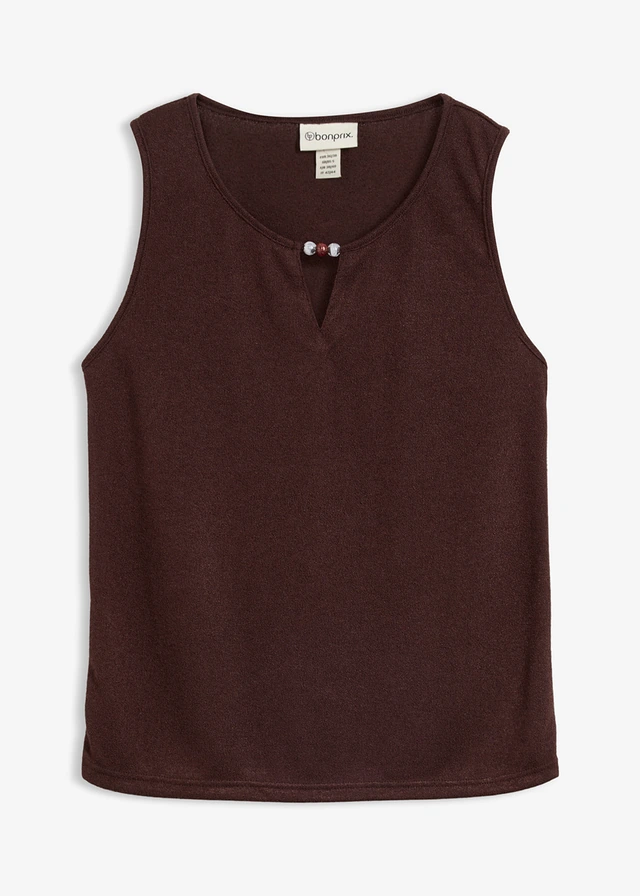 Gebreide top met pareldetail, Kleur: donkerbruin