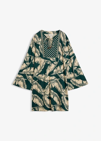 Rochie-tunică din material fluid cu viscoză, culoare: verde profund-bej nisipiu mat cu imprimeu